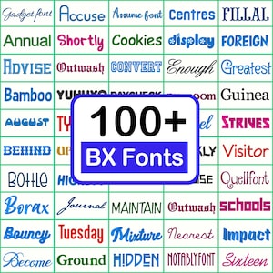 May include: A grid of various embroidered-style font samples in different colors and typefaces, featuring words like Gadget, Accuse, Annual, Shortly, Cookies, Foreign, Advise, Outwash, Convert, Enough, Greatest, Bamboo, Guinea, August, Strives, Behind, Visitor, Bottle, Borax, Journal, Maintain, Bouncy, Tuesday, Mixture, Nearest, Impact, Become, Ground, Hidden, Notably, and Sixteen, with a central box displaying 100+ BX Fonts.