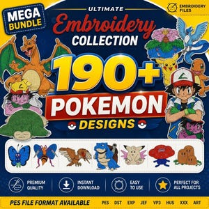 Op de afbeelding: Een digitaal borduurpakket met meer dan 190 Pokemon-ontwerpen. De afbeelding toont diverse kleurrijke karakterillustraties, waaronder Charizard, Pikachu en Ash Ketchum, met de tekst Ultimate Embroidery Collection 190+ Pokemon Designs.