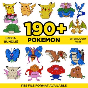 190 Pokémon broderidesignpaket, Pikachu maskinbroderifiler, anime-tecknade broderimönster, PES digital nedladdning