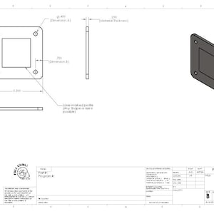 May include: Technical drawing of a square metal plate with a recessed square center and four corner holes. Dimensions are provided in inches: 6.000, 5.300, and 0.75. The plate's thickness is 0.25 inches. The drawing includes a 3D isometric view.