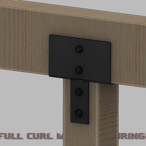 May include: A black metal bracket connecting two wooden beams. The bracket is secured with screws and is designed for structural support. The wood has a natural grain and a light brown color.