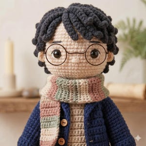 May include: A handmade crochet doll of a character with black hair, round glasses, and a striped scarf. The doll wears a blue jacket with two brown buttons. The doll's face is beige, and the glasses are a dark brown color.