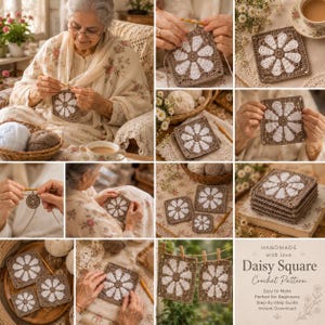 May include: A crochet pattern for a square motif featuring a white daisy design on a brown background. The set includes multiple finished squares, a stack of squares, and a digital instructional document titled Daisy Square Crochet Pattern.