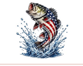 Patriotic Bass Fishing PNG, American Flag Largemouth Bass, USA Fisherman Digital Download