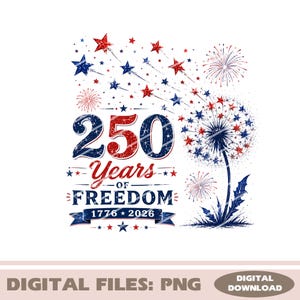 Può includere: Un design grafico con il testo 250 Years of FREEDOM 1776-2026 in caratteri rossi e blu dall'effetto usurato. È raffigurato un dente di leone con semi che si trasformano in stelle rosse e blu e fuochi d'artificio su sfondo bianco.