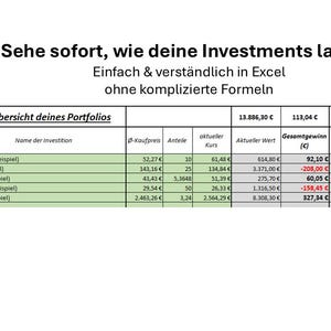 May include: A spreadsheet showing investment data, with the title "Gesamtübersicht deines Portfolios." The data includes investment names, purchase prices, current values, and gains or losses. Text at the top says "See immediately how your investments are doing."