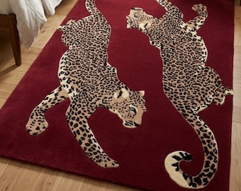 Handgeknüpfter Leoparden-Wollteppich | Moderner Teppich mit Tiermuster | Luxuriöser Statement-Teppich für Wohnzimmer, Schlafzimmer oder Büro, Designerteppich nach Maß