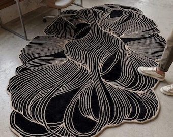 Handgetufteter Wollteppich, moderner abstrakter Teppich in Schwarz und Elfenbein, zeitgenössisches minimalistisches Bodendekor für Wohnzimmer, Schlafzimmer, Hausakzent