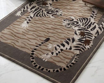 Tiger Teppich Tufted Wollteppich, Safari Dschungel Teppich Handgemacht, Teppich für Wohnzimmer Dekoration, Exotischer Tier Teppich