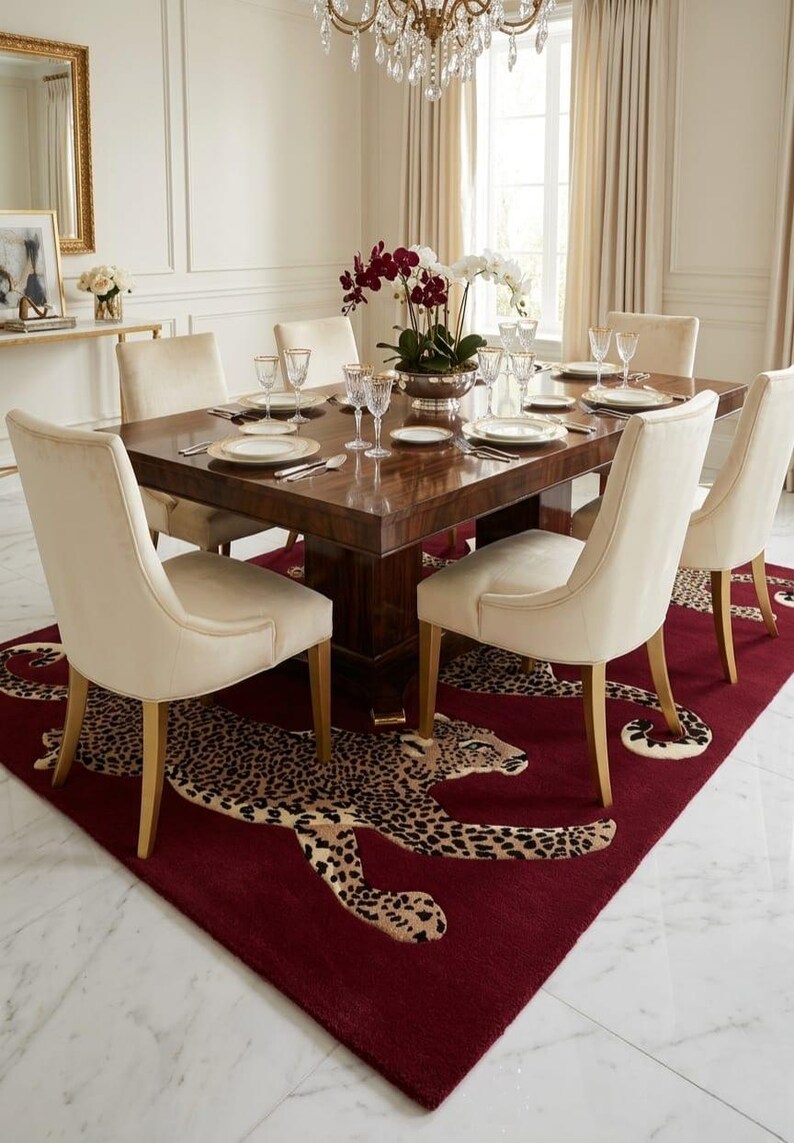 May include: A rectangular dining table with a dark wood grain finish, surrounded by six cream-colored upholstered chairs. The table is set with white plates, clear glassware, and a central floral arrangement. A deep red rug with a leopard pattern.