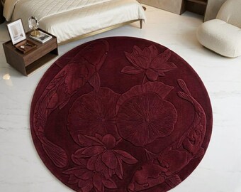 Handgetufteter runder Wollteppich, 3D Blumen Lotus Koi Fisch Teppich, Bordeauxrot Botanischer Teppich, Runder Teppich, Orientalischer Teichdesign, Teppich in Sondergrößen