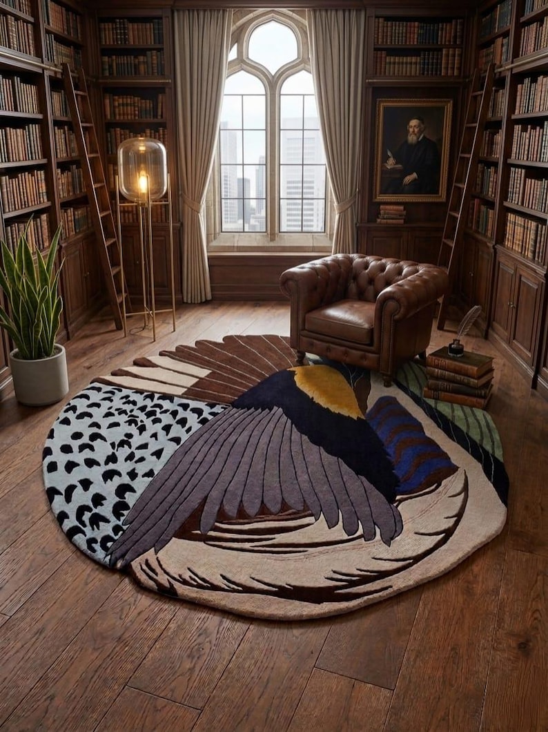 K&ouml;nnte beinhalten: Ein gro&szlig;er runder Teppich mit einem stilisierten Vogelfl&uuml;gel-Design. Der Teppich zeigt eine Mischung aus Texturen und Farben, darunter Braunt&ouml;ne, Creme, Gelb, Blau und ein schwarz-wei&szlig;es Punktemuster auf hellblauem Hintergrund.