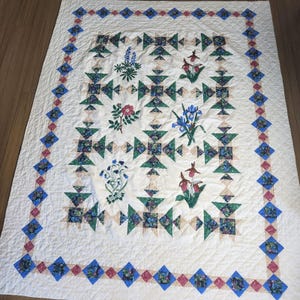 Peut inclure: Une courtepointe rectangulaire avec un fond crème, bordée de carrés bleus et de losanges roses. Le centre présente une grille de formes géométriques vertes et à motifs floraux, entrecoupée de motifs botaniques floraux brodés.