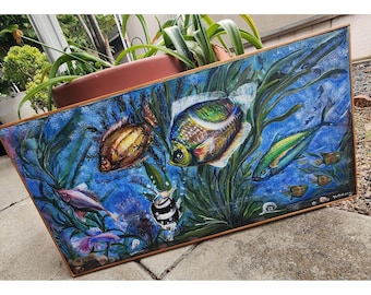 Vtg 94 acrylic On Canvas by artist  M. Anderson Tropical Fish Seaweed 31 X 15"
