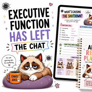 Könnte beinhalten: Ein ADHD-Reset-Planer mit Spiralbindung, illustriert mit einer mürrischen Katze und dem Text "ADHD RESET PLANNER" sowie "TINY STEPS. BIG DIFFERENCE." Ein digitales Tablet zeigt eine passende Planerseite mit dem Titel "WHAT'S CAUSING THE SHUTDOWN?"