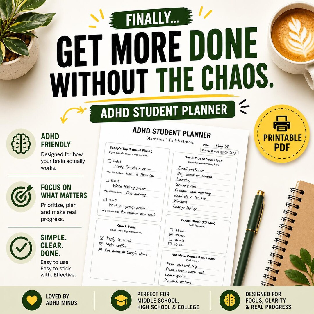 ADHD Student Planner Printable | Daily Planner | Study Planner ADHD ...