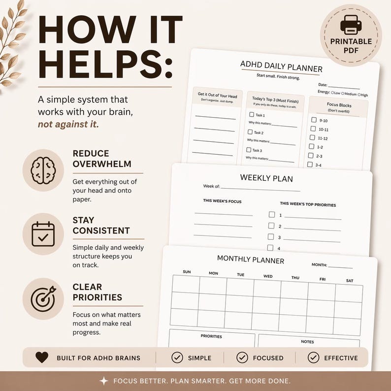 ADHD Planner for Adults Printable | Daily Weekly Monthly Bundle | Focus ...