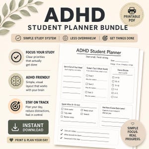 Paquete imprimible de planificadores para estudiantes con TDAH / Planificador diario, semanal y mensual / Planificador de estudio para TDAH / Planificador universitario en PDF