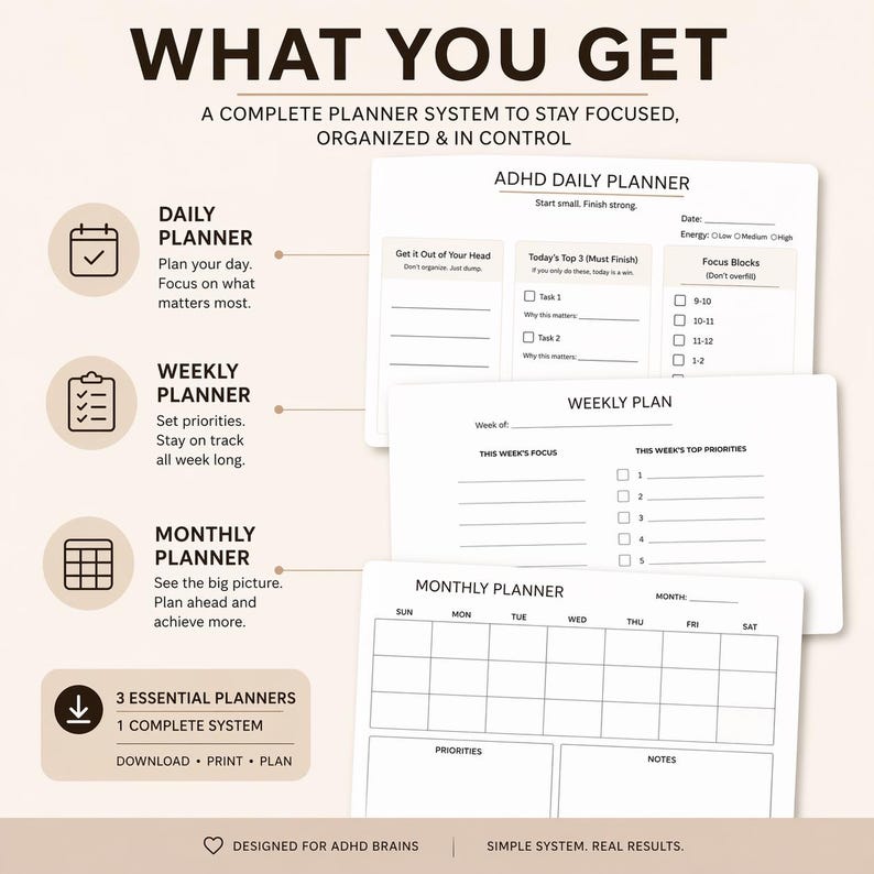 ADHD Planner Printable PDF, ADHD Daily Weekly Monthly Planner, Focus ...