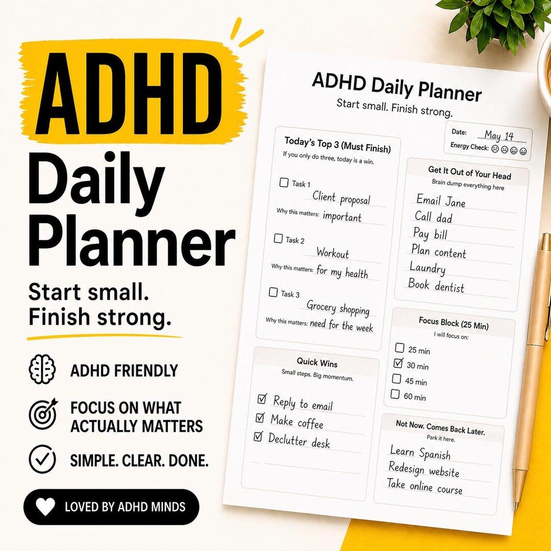 ADHD Planner Printable | Simple ADHD Daily Planner PDF | Focus Planner ...