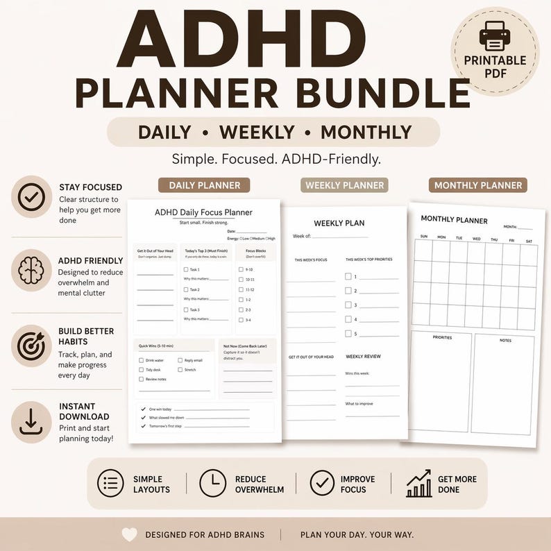ADHD Planner for Adults Printable | Daily Weekly Monthly Bundle | Focus ...