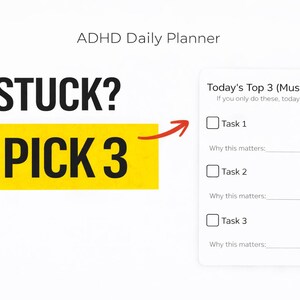 Planificador diario para TDAH / Realiza solo 3 tareas al día / Hoja de enfoque simple / Herramienta de productividad mínima / Lista de tareas / Reinicio diario imprimible