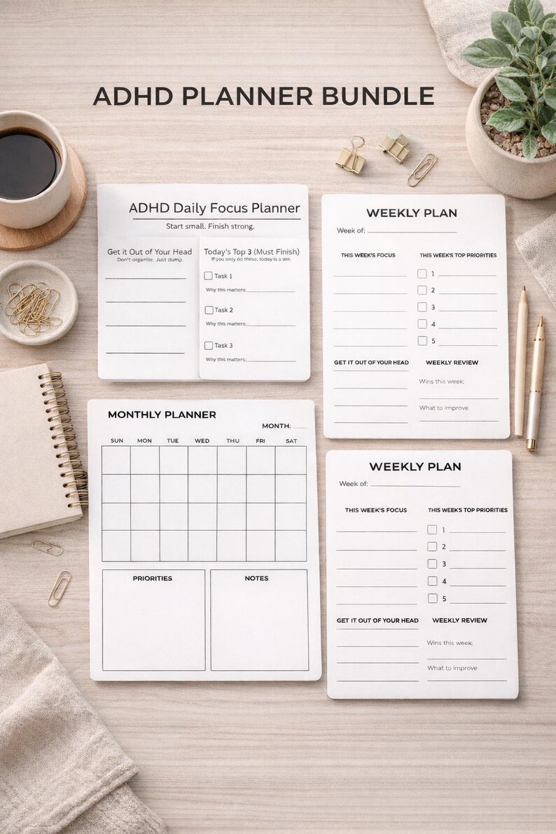 ADHD Planner for Adults Printable | Daily Weekly Monthly Bundle | Focus ...