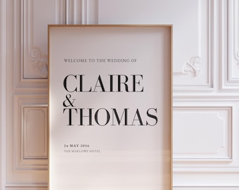 Plantilla de cartel de bienvenida para bodas, cartel de boda minimalista y elegante, póster de recepción editable en Canva (WT-CI)