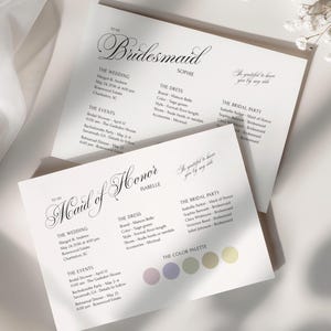 Plantilla de tarjeta informativa para damas de honor de una sola cara, detalles editables de la fiesta nupcial en Canva, caligrafía elegante.