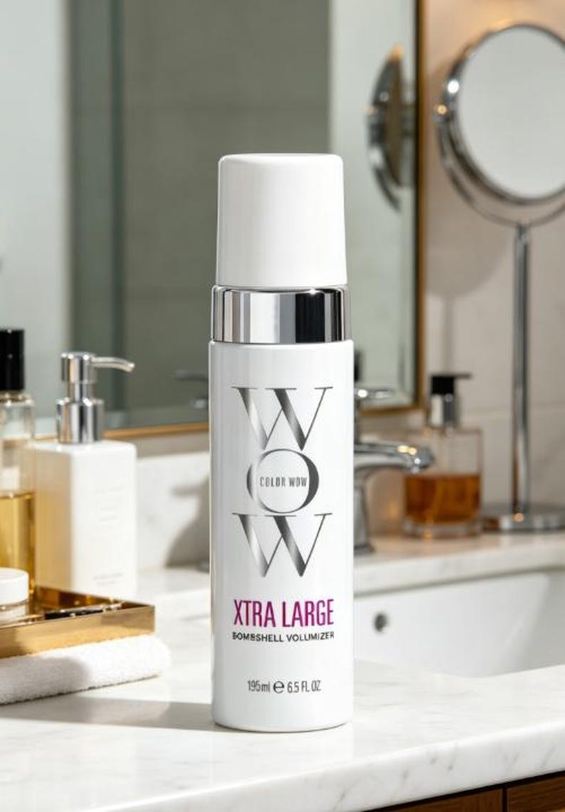 Pu&ograve; includere: Una bottiglia bianca di Color Wow Xtra Large Bombshell Volumizer, 195 ml, con dettagli argentati. La bottiglia ha un tappo bianco e il nome del marchio &egrave; stampato in argento. Il prodotto &egrave; esposto in un bagno.