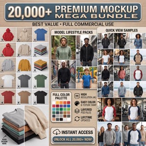 May include: A digital product advertisement titled 20,000+ PREMIUM MOCKUP MEGA BUNDLE. It displays various apparel mockups including hoodies, sweatshirts, and t-shirts in multiple colors, alongside lifestyle photos and a color palette chart.