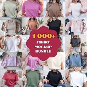 May include: A collection of various colored t-shirts and sweatshirts, including green, pink, brown, black, and white. The image features the text "1000+ TSHIRT MOCKUP BUNDLE" in a red and yellow design, showcasing a variety of apparel options.