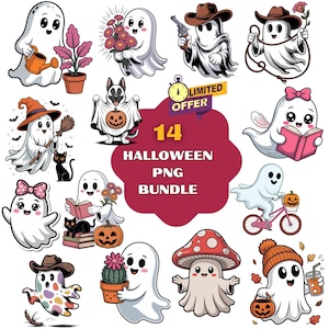 Paquete de 14 imágenes PNG de Halloween, imágenes prediseñadas PNG de Halloween, diseños espeluznantes para sublimación, gráficos retro de Halloween, imágenes PNG de fantasmas, calabazas y brujas.