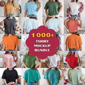 May include: A collection of t-shirts in various colors, including blue, green, orange, and pink. The image features the text "1000+ TSHIRT MOCKUP BUNDLE" in a red and yellow design. The shirts are displayed on models.