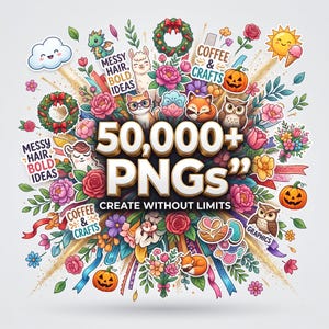 Puede incluir: Un gráfico digital con el texto 50,000+ PNGs y CREATE WITHOUT LIMITS, rodeado de coloridas ilustraciones de flores, calabazas, coronas, un sol, una nube y animales como un gato, un zorro, un búho y una llama sobre un fondo claro.