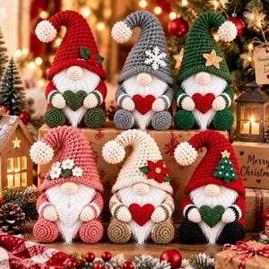 May include: Six crocheted gnome figurines with white beards, each wearing a tall pointed hat with a pom-pom. The hats feature various embellishments including holly, snowflakes, stars, flowers, poinsettias, and trees, while each gnome holds a heart.