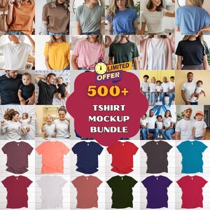 May include: A digital collage of various t-shirts in multiple colours and styles, featuring individuals wearing the shirts and flat-lay product shots. The central graphic displays the text: LIMITED OFFER 500+ TSHIRT MOCKUP BUNDLE.