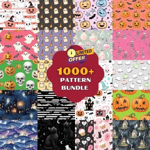 May include: A collection of Halloween-themed patterns featuring pumpkins, ghosts, bats, and skulls. The patterns are in various colors and styles, including watercolor and cartoon designs. The image includes the text "1000+ PATTERN BUNDLE" with a "LIMITED OFFER" banner.