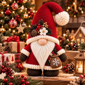 Standing Santa Gnome Crochet Pattern Tabletop Christmas Amigurumi Plush PDF Holiday Gnome with Fur-Trim Robe Brushed Beard Gift Sack