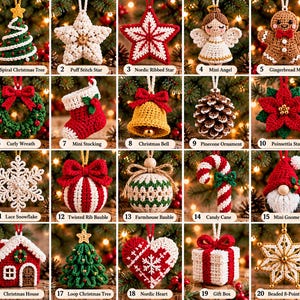 May include: A collection of twenty crocheted Christmas ornaments including a tree, stars, angel, gingerbread man, wreath, stocking, bell, pinecone, poinsettia, snowflake, baubles, candy cane, gnome, house, heart, gift box, and beaded star.