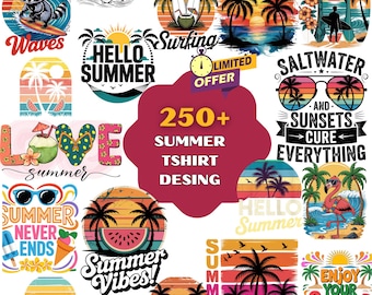 May include: A collection of summer-themed graphic designs, featuring text and illustrations. Designs include palm trees, sunsets, surfboards, and phrases like "Hello Summer" and "Summer Vibes!" A central design reads "250+ Summer T-shirt Designs."