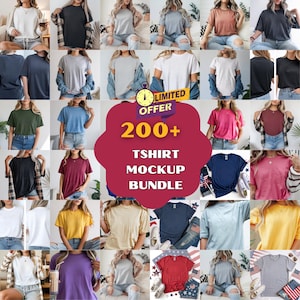 May include: A collection of various colored t-shirts, including white, black, gray, and blue, displayed on models. The image features a central graphic that reads "LIMITED OFFER 200+ TSHIRT MOCKUP BUNDLE".