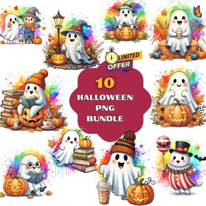 Op de afbeelding: Een digitale collectie van 10 Halloween-illustraties met witte geesten, pompoenen, boeken en herfstbladeren met levendige aquarelspatten. De centrale tekst luidt 10 HALLOWEEN PNG BUNDLE met een LIMITED OFFER klokpictogram.