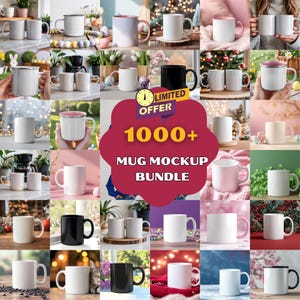 Puede incluir: Una colección de varias tazas en diferentes colores y estilos. Las tazas son blancas, negras, rosas y tienen diferentes colores de borde. Algunas tazas tienen un borde plateado. La imagen incluye el texto "LIMITED OFFER" y "1000+ MUG MOCKUP BUNDLE".
