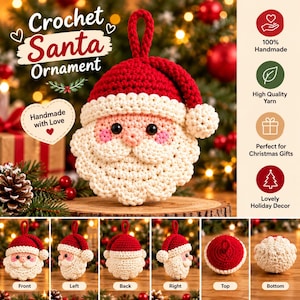 Puede incluir: Un adorno de Papá Noel tejido a ganchillo con un gorro rojo de pompón blanco, barba color crema y mejillas rosadas. El adorno incluye un lazo para colgar. Varias vistas muestran el frente, los lados, la parte posterior, superior e inferior.