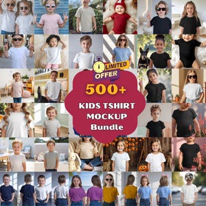Peut inclure: Un collage numérique de plus de 500 maquettes de t-shirts pour enfants montrant des enfants portant divers t-shirts unis blancs, noirs, gris et autres, avec un badge central bordeaux affichant le texte 500+ KIDS TSHIRT MOCKUP Bundle.