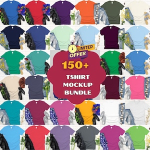 May include: A collection of various colored t-shirts, jeans, and shoes arranged on a white surface. A central graphic reads "150+ T-shirt Mockup Bundle" with a "Limited Offer" badge. The shirts are in shades of blue, red, green, and more.