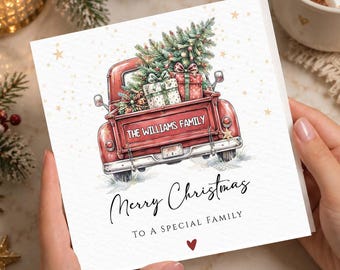 Tarjeta navideña familiar personalizada, tarjeta navideña personalizada con camión rojo, Feliz Navidad a una familia especial, tarjeta navideña festiva, tarjeta navideña