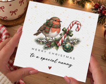 Tarjeta navideña personalizada de niñera con petirrojo, tarjeta navideña de bastón de caramelo, Feliz Navidad a alguien especial, tarjeta navideña tradicional de la abuela con pájaro,