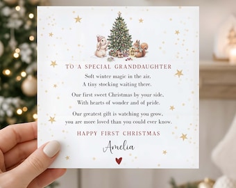 May include: A square Christmas greeting card featuring a decorated tree, a rabbit, and a squirrel. The text reads: TO A SPECIAL GRANDDAUGHTER, Soft winter magic in the air, A tiny stocking waiting there, Our first sweet Christmas by your side, With hearts of wonder and of pride, Our greatest gift is watching you grow, you are more loved than you could ever know, HAPPY FIRST CHRISTMAS, Amelia, with a small red heart.